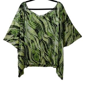 Sheer Green Floral Zebra/Floral Print Batwing Sleeve Poncho/Topper, One Size